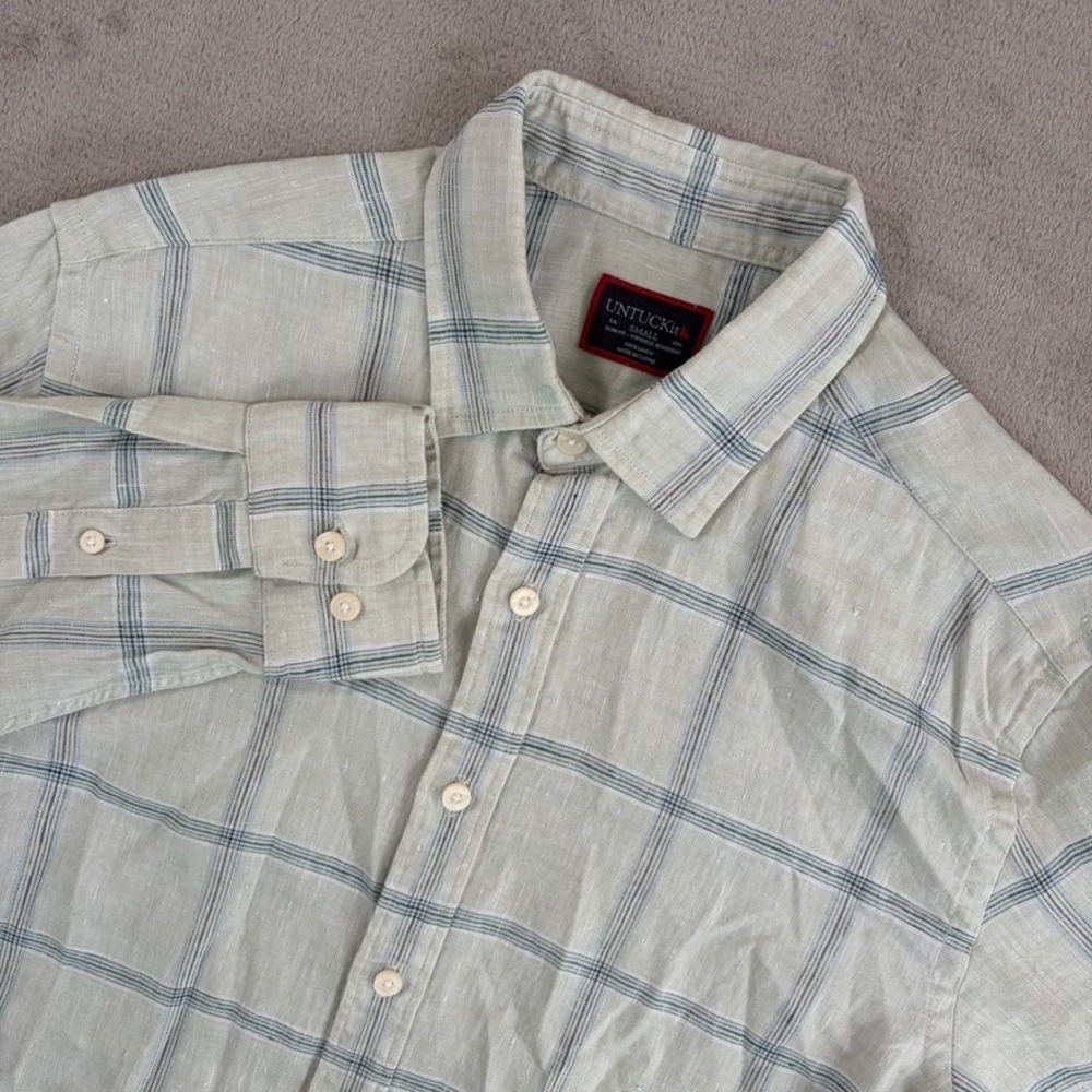 UNTUCKit Wrinkle Free Slim Ft Shirt in WindowPane 100% Linen Men Small NWOT